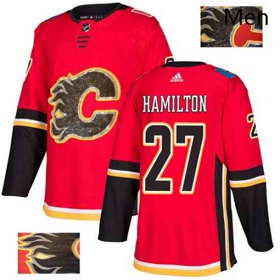 Mens Adidas Calgary Flames 27 Dougie Hamilton Authentic Red Fashion Gold NHL Jersey